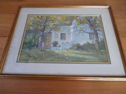 Douglas Treasure Watercolour. Signed Original, Framed. Cape Dutch House in the Trees.